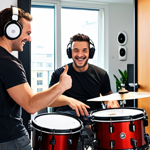 **

A drummer happily playing an electronic drum set with mesh heads in a modern apartment. Soundproofing panels are visible on the walls. The drummer is wearing headphones, and a neighbor is smiling and giving a thumbs-up through the open door.

**