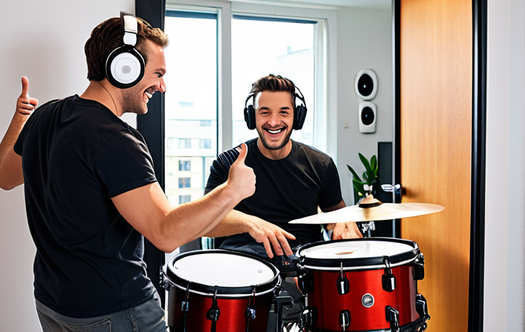 **

A drummer happily playing an electronic drum set with mesh heads in a modern apartment. Soundproofing panels are visible on the walls. The drummer is wearing headphones, and a neighbor is smiling and giving a thumbs-up through the open door.

**