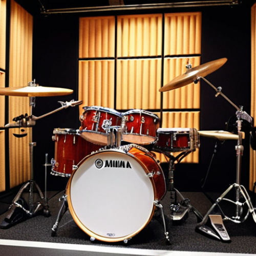 **

A vibrant, well-lit music studio featuring a Yamaha Recording Custom drum set. The drum set is the main focus, showcasing its warm maple finish. Microphones are strategically placed around the kit. The background subtly suggests a recording session, with soundproofing panels and other studio equipment visible. The overall feel should be professional and inviting, highlighting the drum set's versatility.

**
