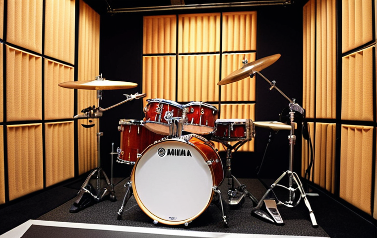 **

A vibrant, well-lit music studio featuring a Yamaha Recording Custom drum set. The drum set is the main focus, showcasing its warm maple finish. Microphones are strategically placed around the kit. The background subtly suggests a recording session, with soundproofing panels and other studio equipment visible. The overall feel should be professional and inviting, highlighting the drum set's versatility.

**