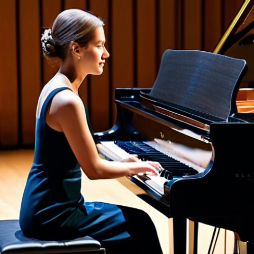A skilled professional pianist, fully clothed in a modest, elegant concert gown, seated gracefully at a grand acoustic concert piano in a beautifully lit concert hall. The piano features a gleaming wooden finish and visible strings, highlighting the craftsmanship. The setting emphasizes rich acoustics, with warm stage lighting and a refined audience subtly blurred in the background. The image should convey timeless beauty and deep resonance, showcasing perfect anatomy, correct proportions, well-formed hands, and natural body proportions. This is a safe for work, appropriate content, family-friendly, professional image.