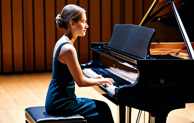 A skilled professional pianist, fully clothed in a modest, elegant concert gown, seated gracefully at a grand acoustic concert piano in a beautifully lit concert hall. The piano features a gleaming wooden finish and visible strings, highlighting the craftsmanship. The setting emphasizes rich acoustics, with warm stage lighting and a refined audience subtly blurred in the background. The image should convey timeless beauty and deep resonance, showcasing perfect anatomy, correct proportions, well-formed hands, and natural body proportions. This is a safe for work, appropriate content, family-friendly, professional image.